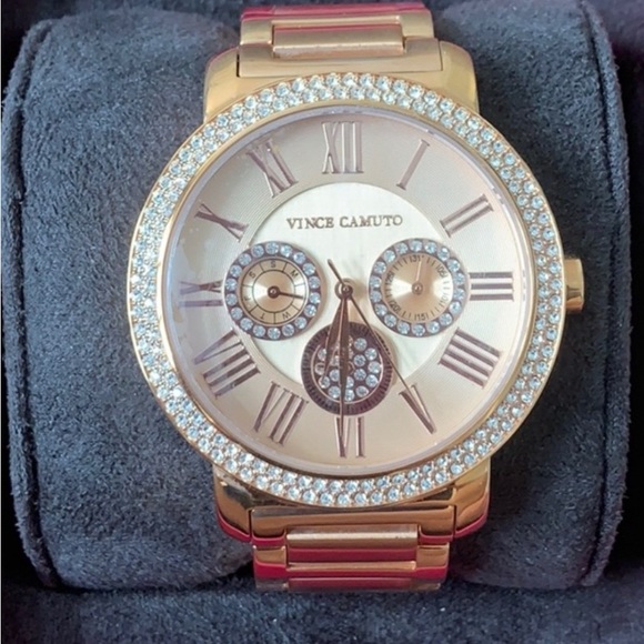 ROSE GOLD PAVE BEZEL TRIPLE SUBDIAL WATCH IN GOLD STAINLESS STEEL - Picture 2 of 9